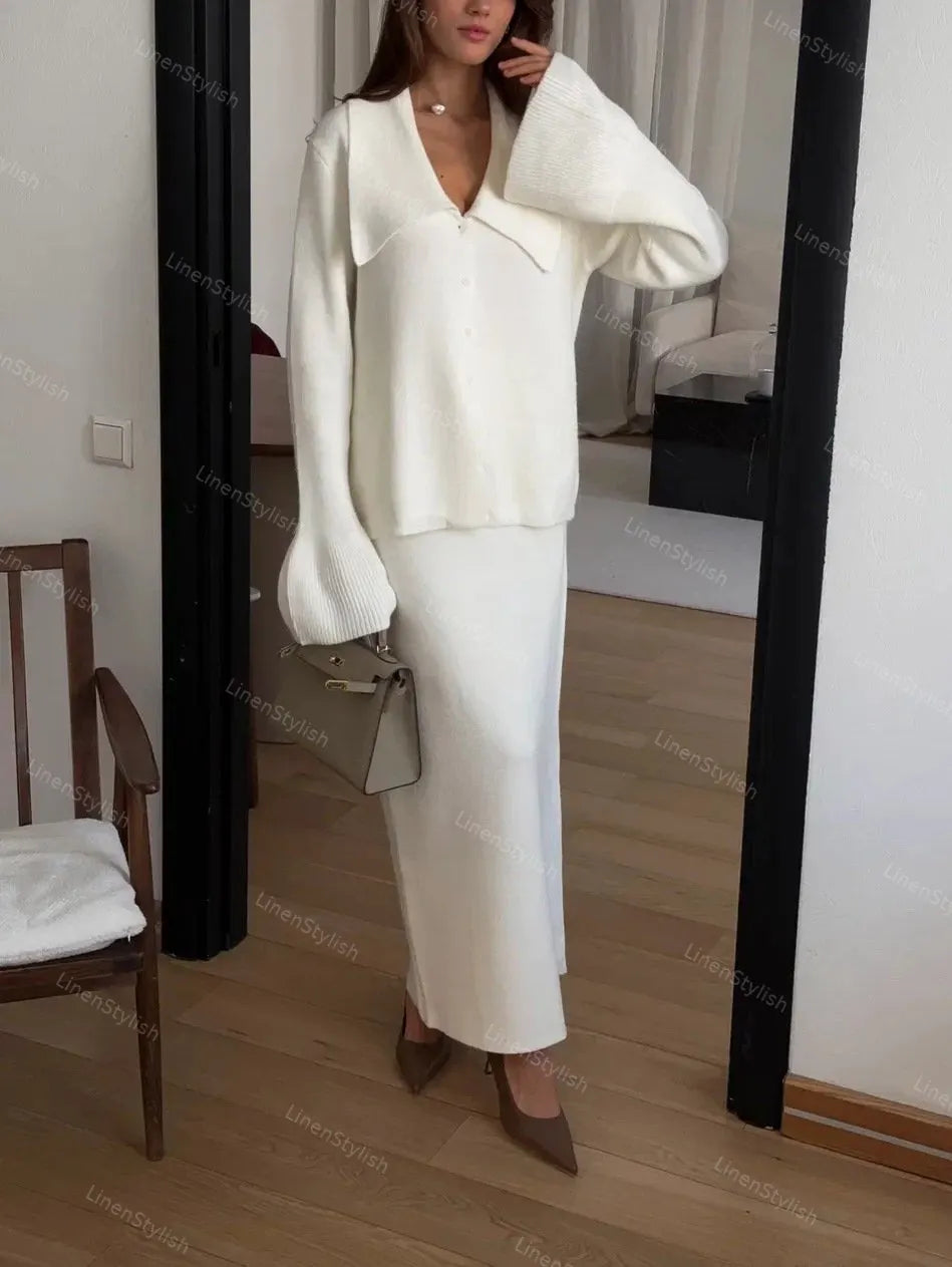 V-neck Knitted Cardigan Skirt Two-piece Set