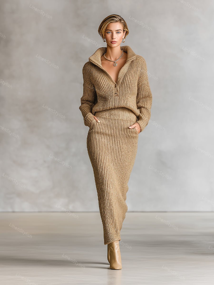 Ribbed Knit Half Cardigan Sweater Skirt Set