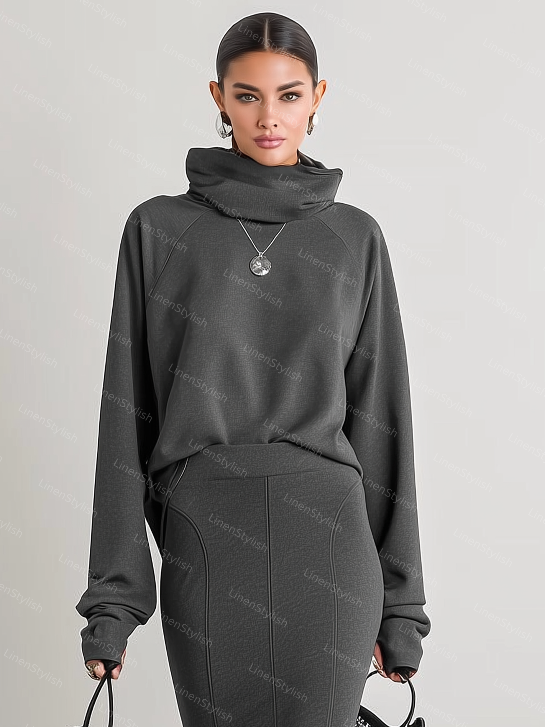 Mock-neck Sweatshirt Hip Fishtail Dress Set