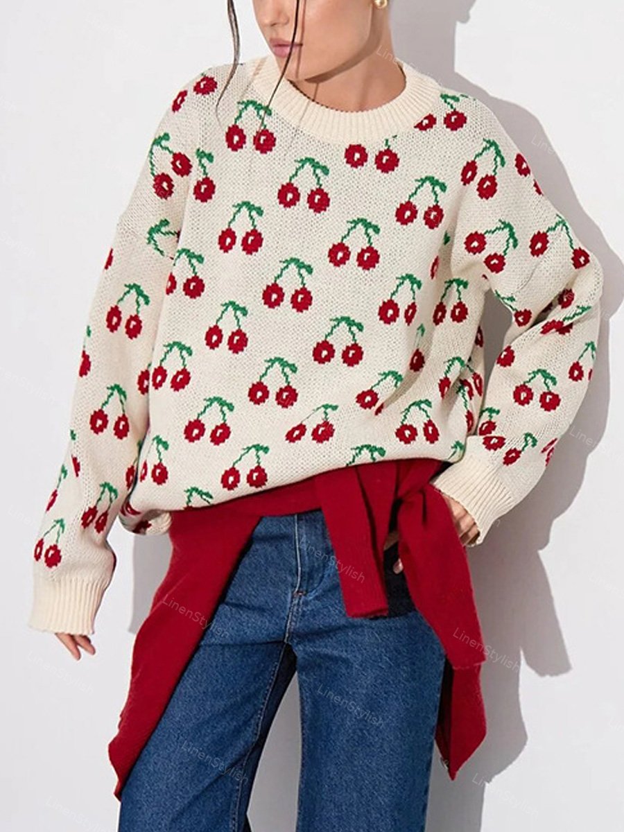 Cherry Print Loose Sweater