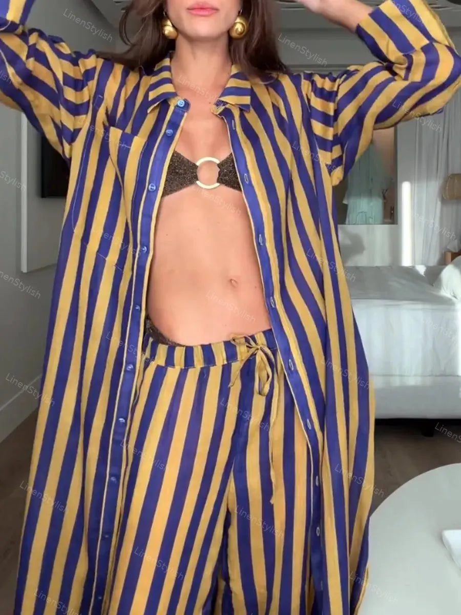 Stylish Striped Long Shirt Dress & Pants Two-piece Set