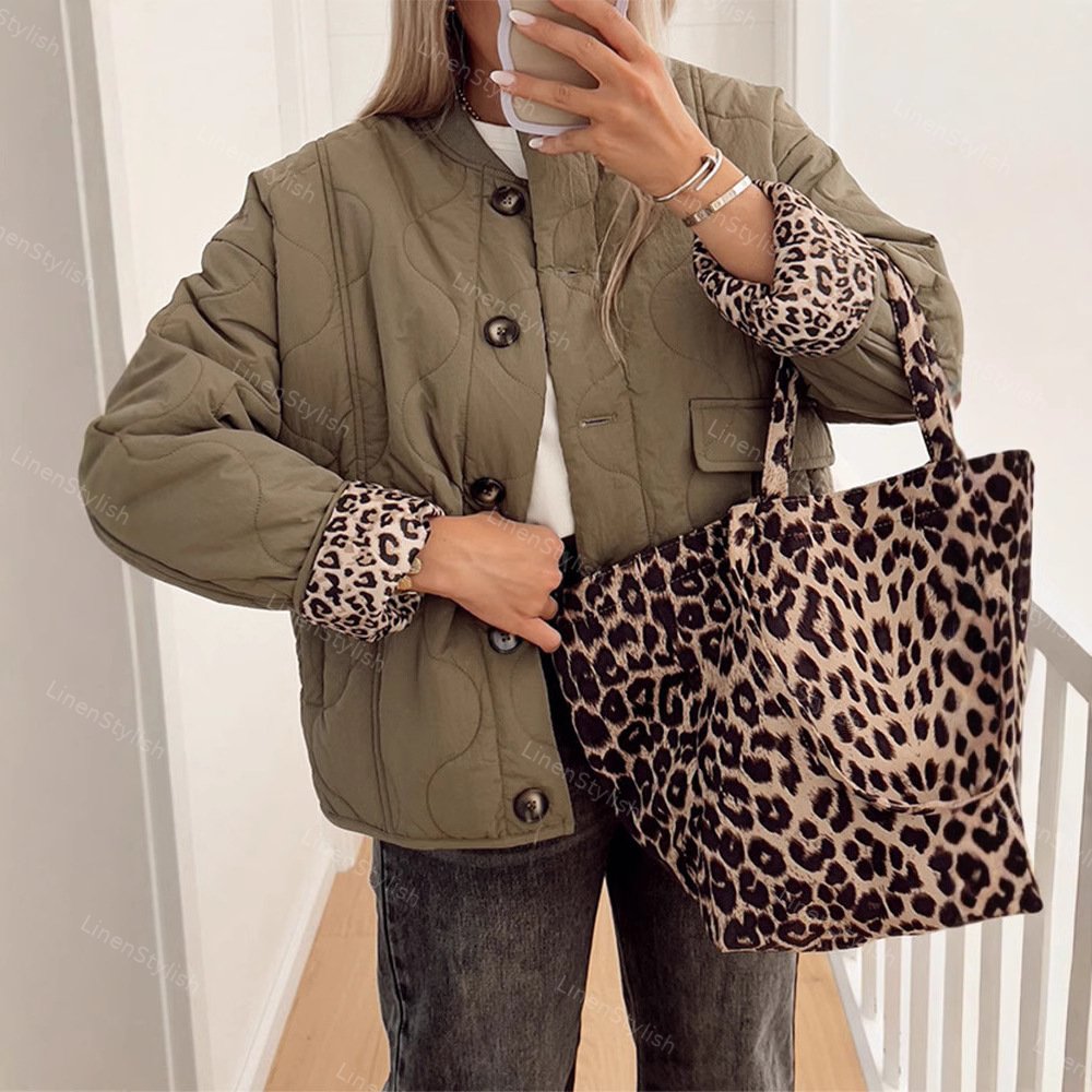 Quilted Buttons Leopard Print Coat