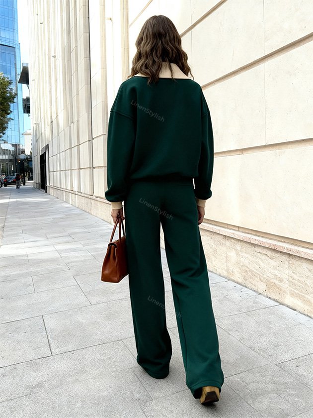 Vertical Collar Half-Zip Sweatshirt Pants Set