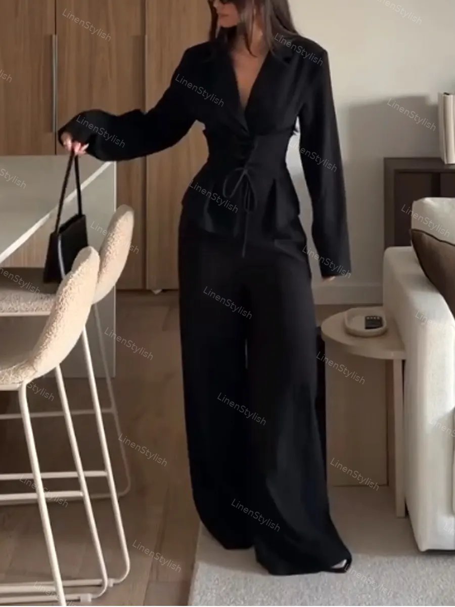 Fashionable Belted Blazer & Pants Two-piece Set