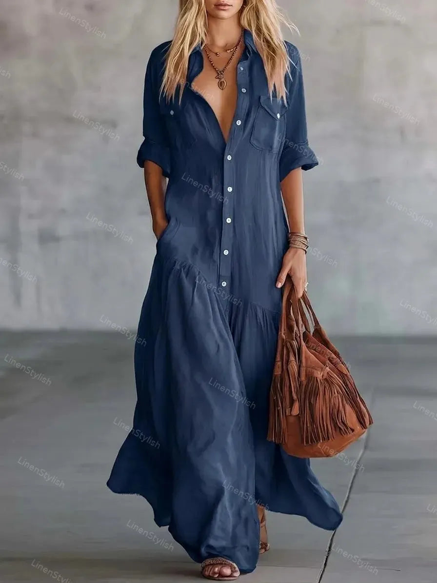 Solid Color Long Shirt Collar Twist Pocket Dress