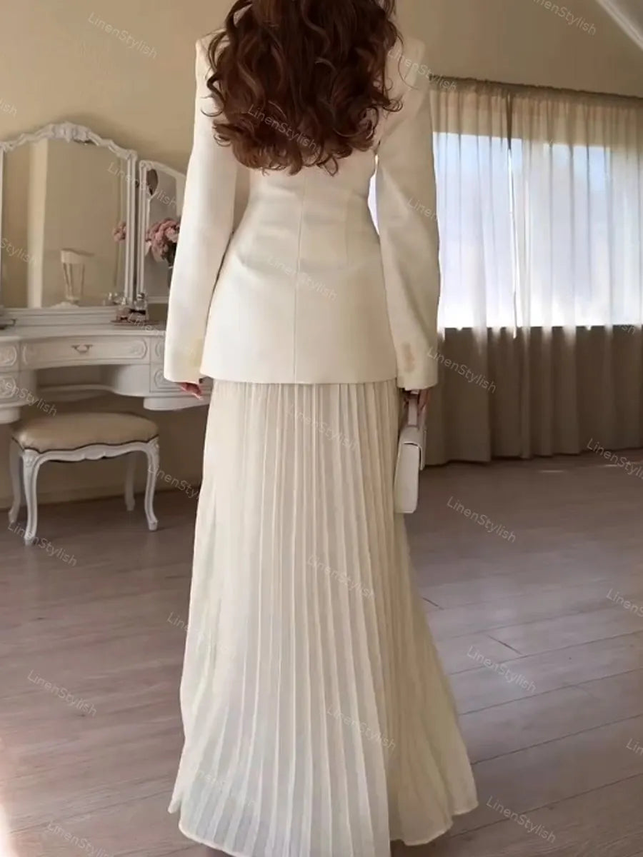 Stylish And Elegant Tight Waist Blazer & Pleated Overskirt Two-Piece Set
