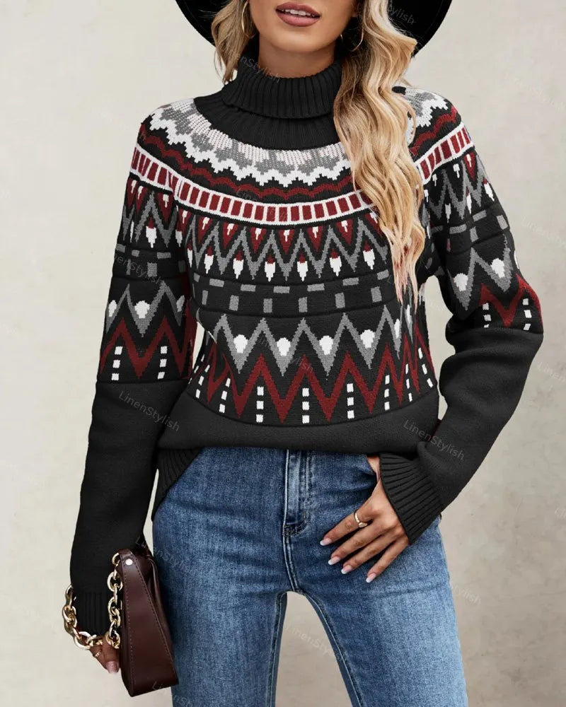 Vintage Stitched Contrast Turtleneck Sweater