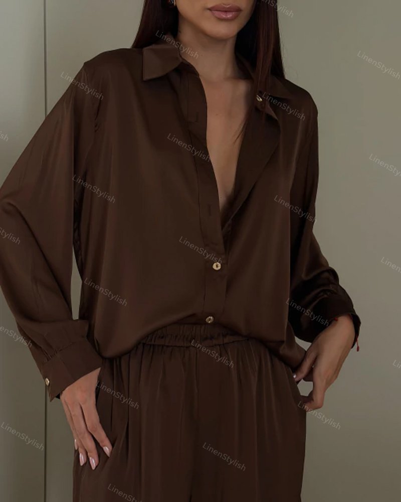 Casual Solid Shirt & Wide Leg Two-Piece Set