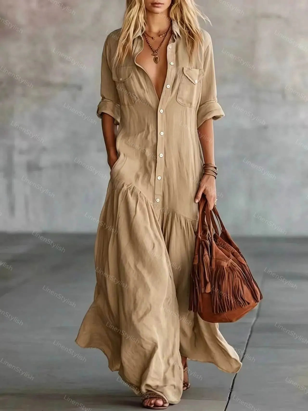 Solid Color Long Shirt Collar Twist Pocket Dress