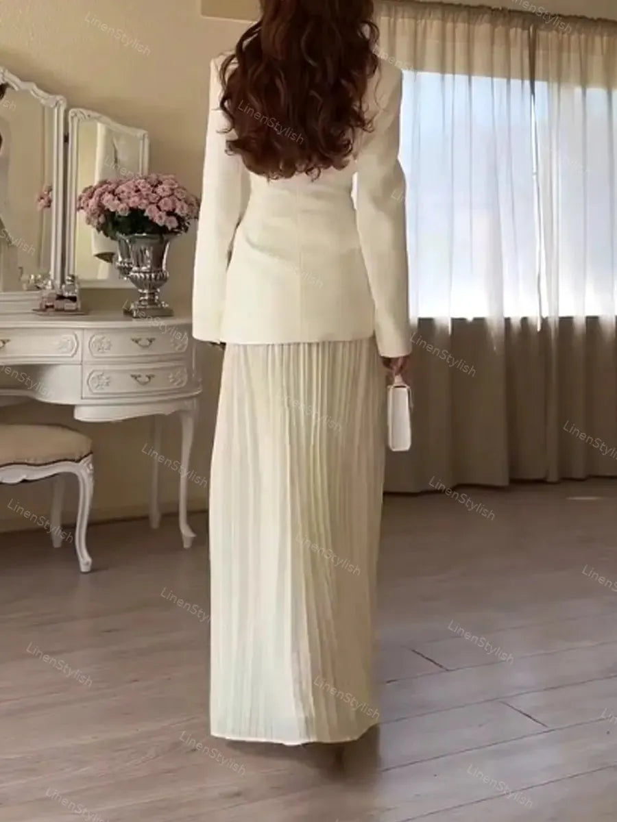 Stylish And Elegant Tight Waist Blazer & Pleated Overskirt Two-Piece Set