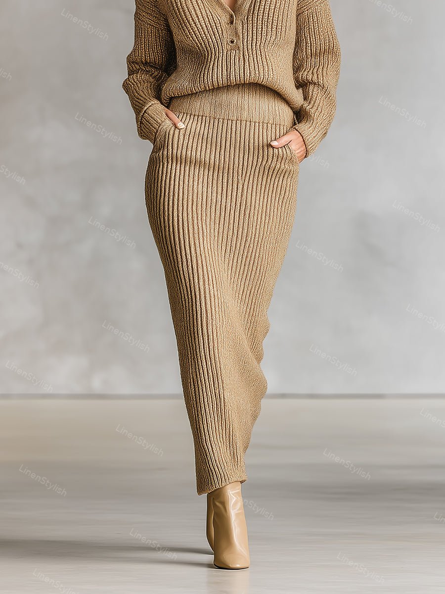 Ribbed Knit Half Cardigan Sweater Skirt Set