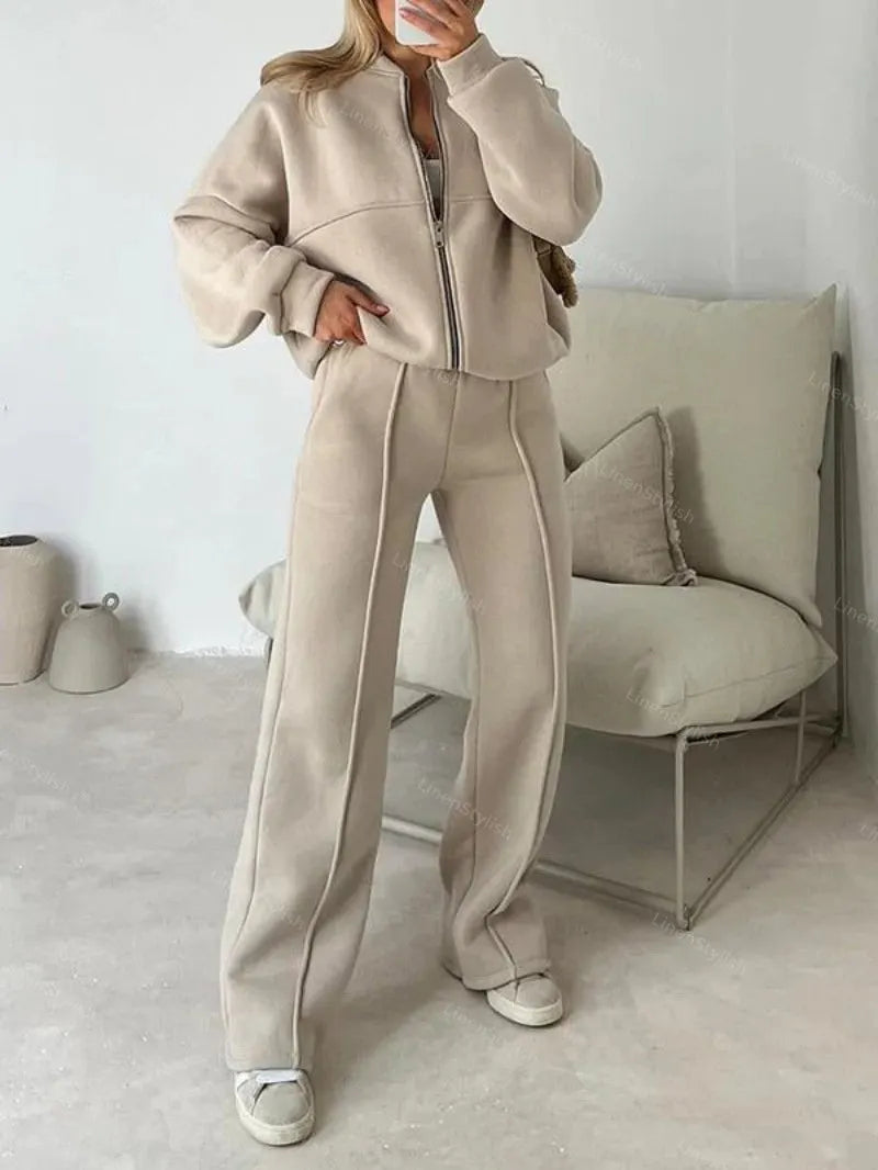 Solid Color Zipper Sweatshirt Jacket Trousers Set