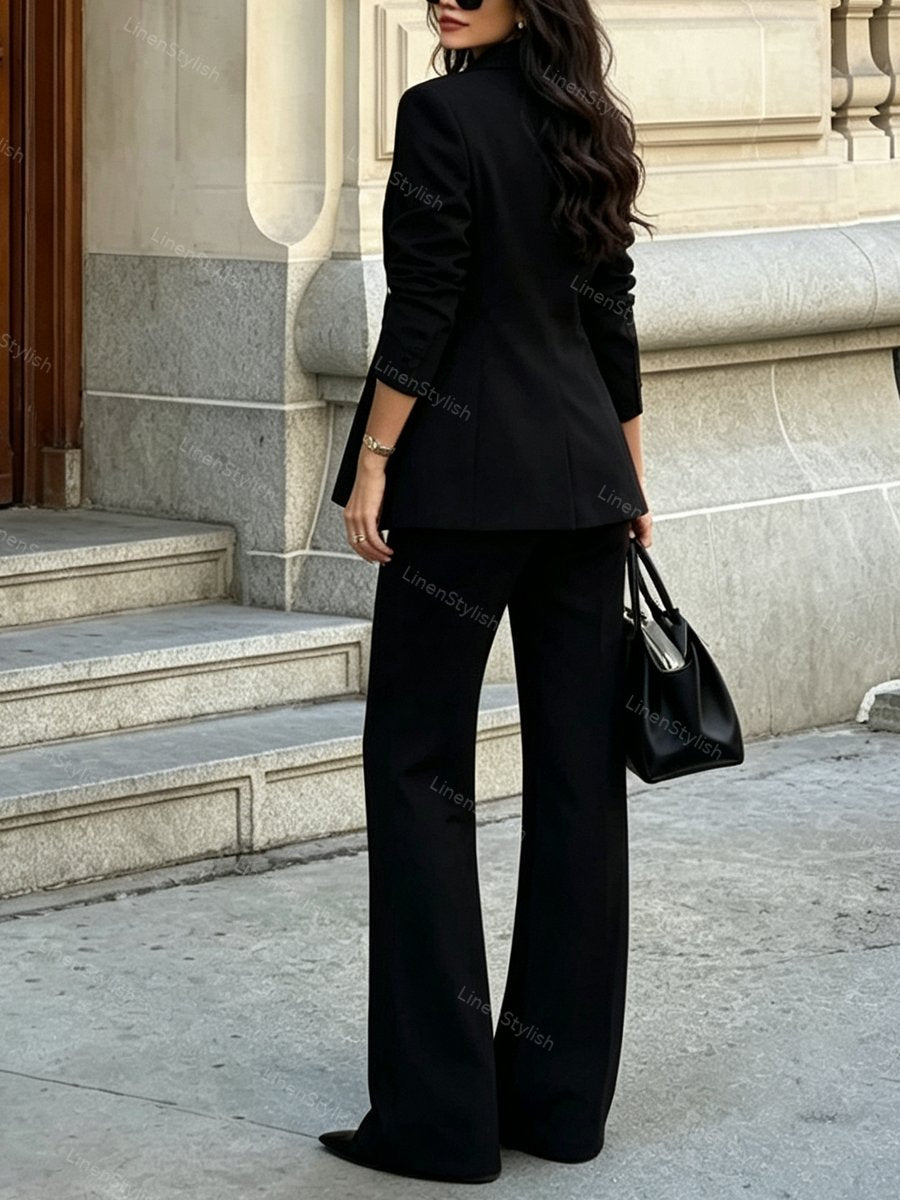 Fashionable And Elegant Tight Waist Double-breasted Blazer & Pants Two-piece Set