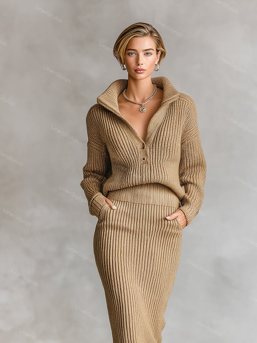 Ribbed Knit Half Cardigan Sweater Skirt Set