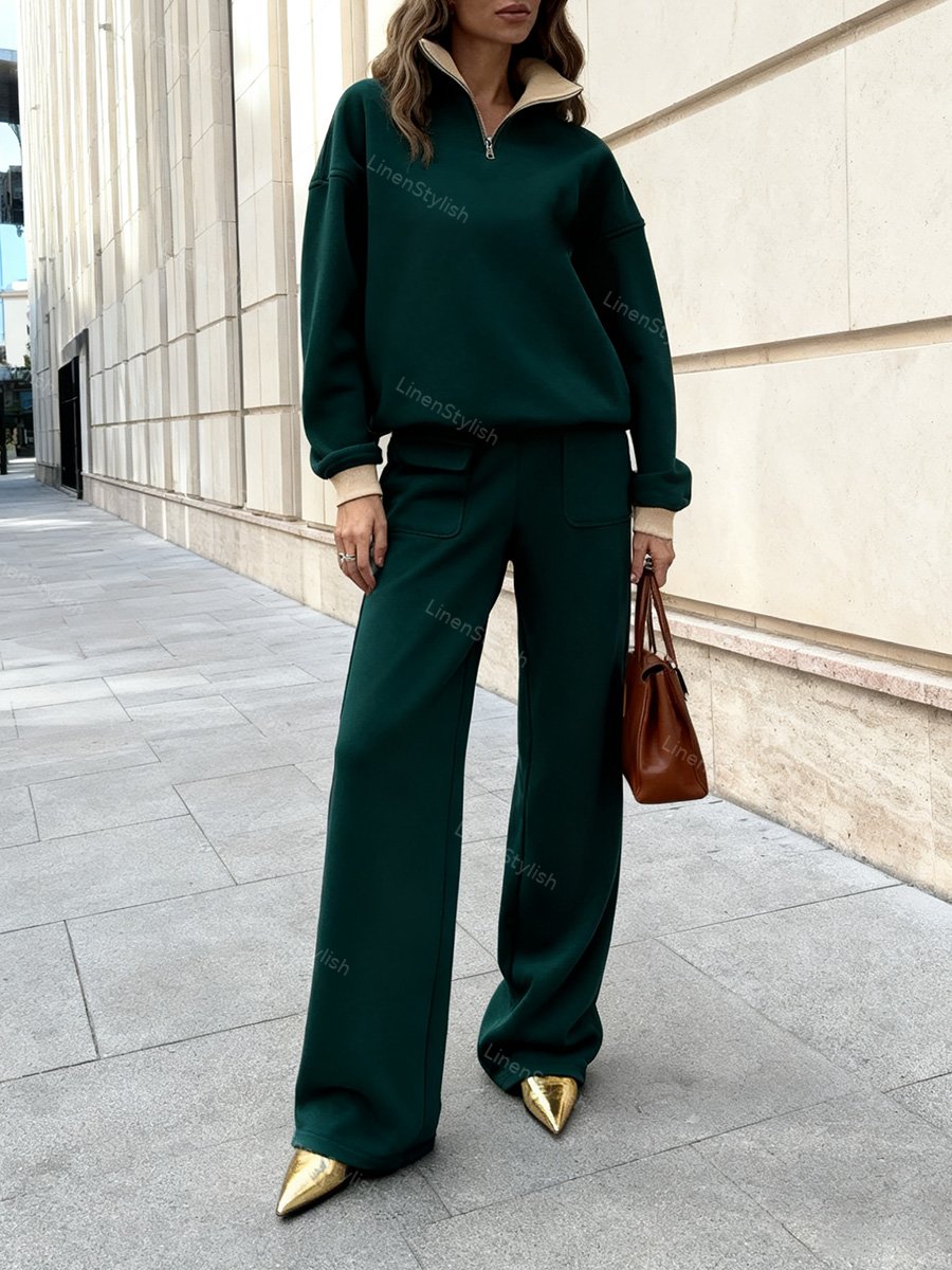Vertical Collar Half-Zip Sweatshirt Pants Set
