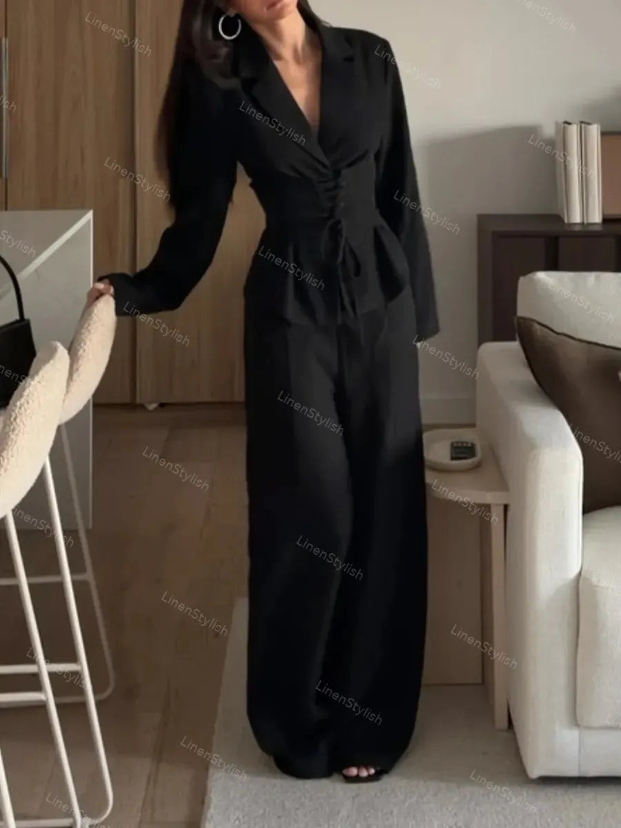 Fashionable Belted Blazer & Pants Two-piece Set