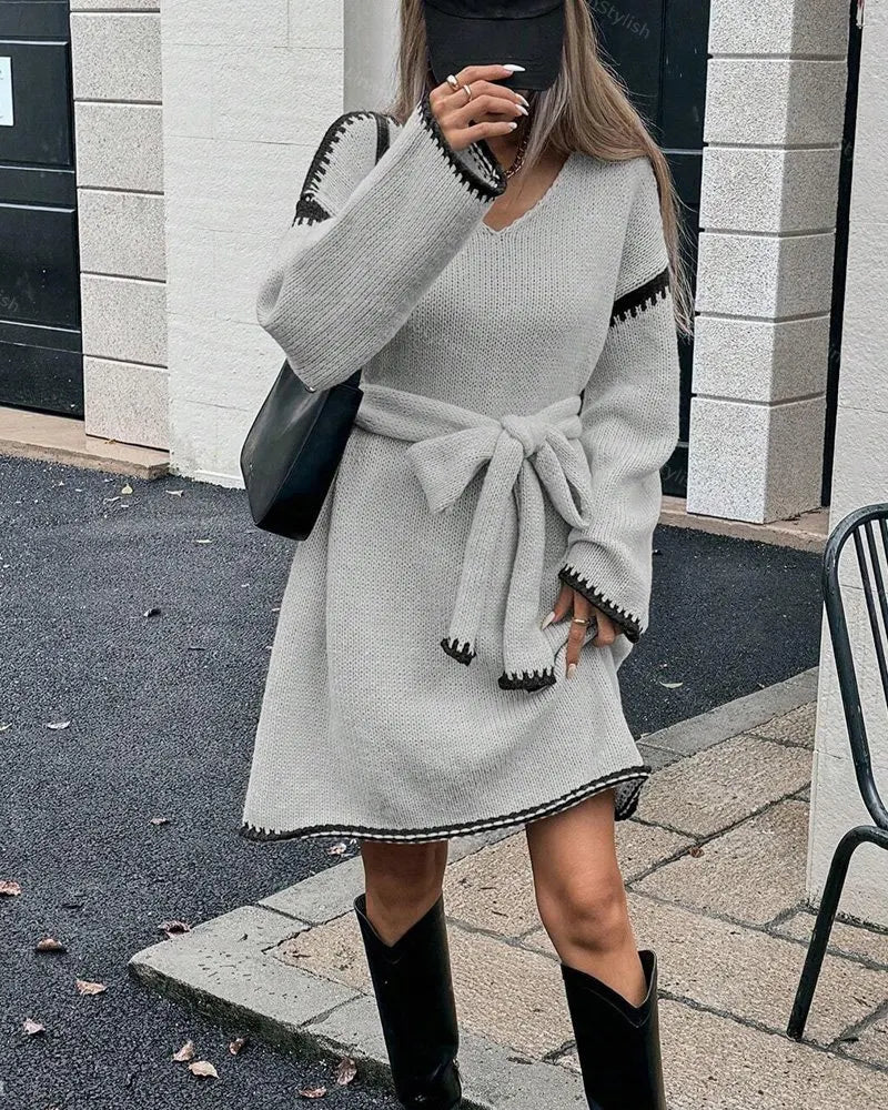 Strap V-neck Long Sleeve Knitted Dress