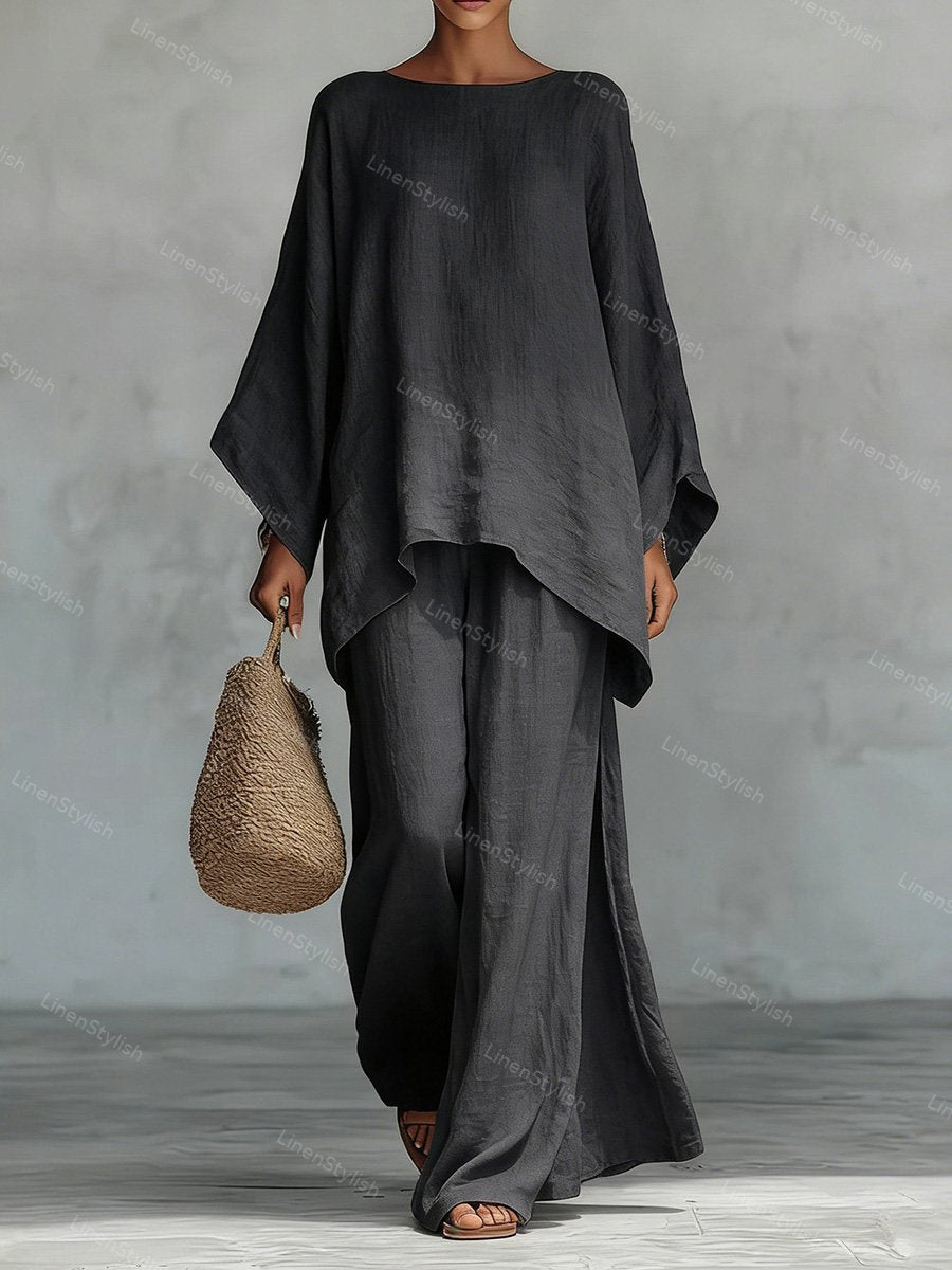 Loose Linen Shirt Wide Leg Pants Set