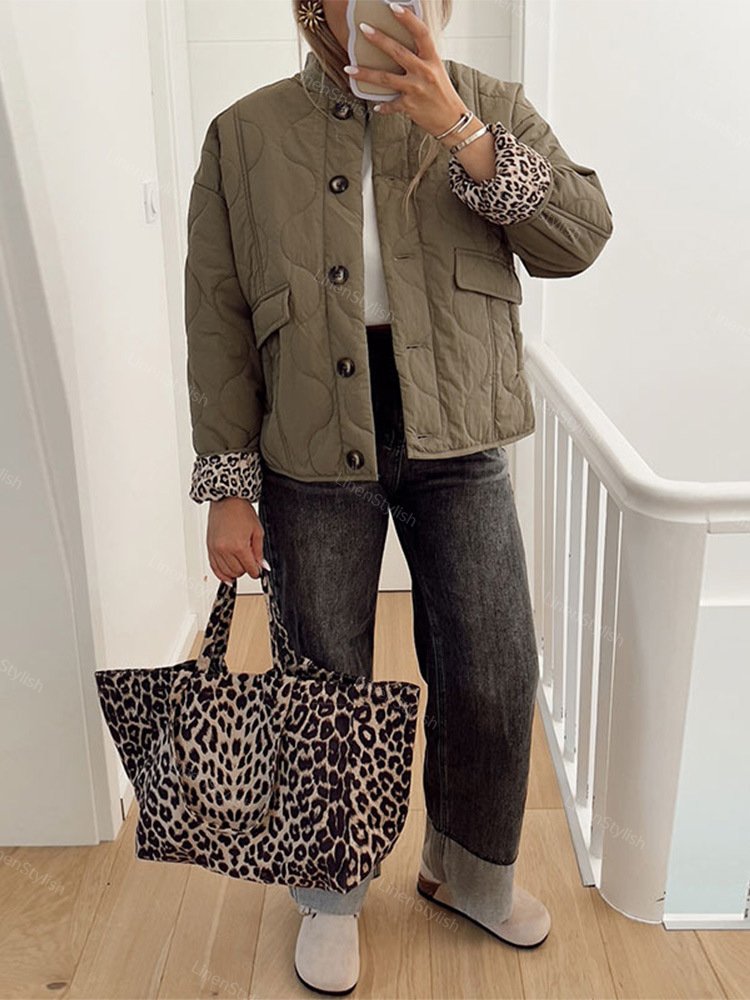 Quilted Buttons Leopard Print Coat