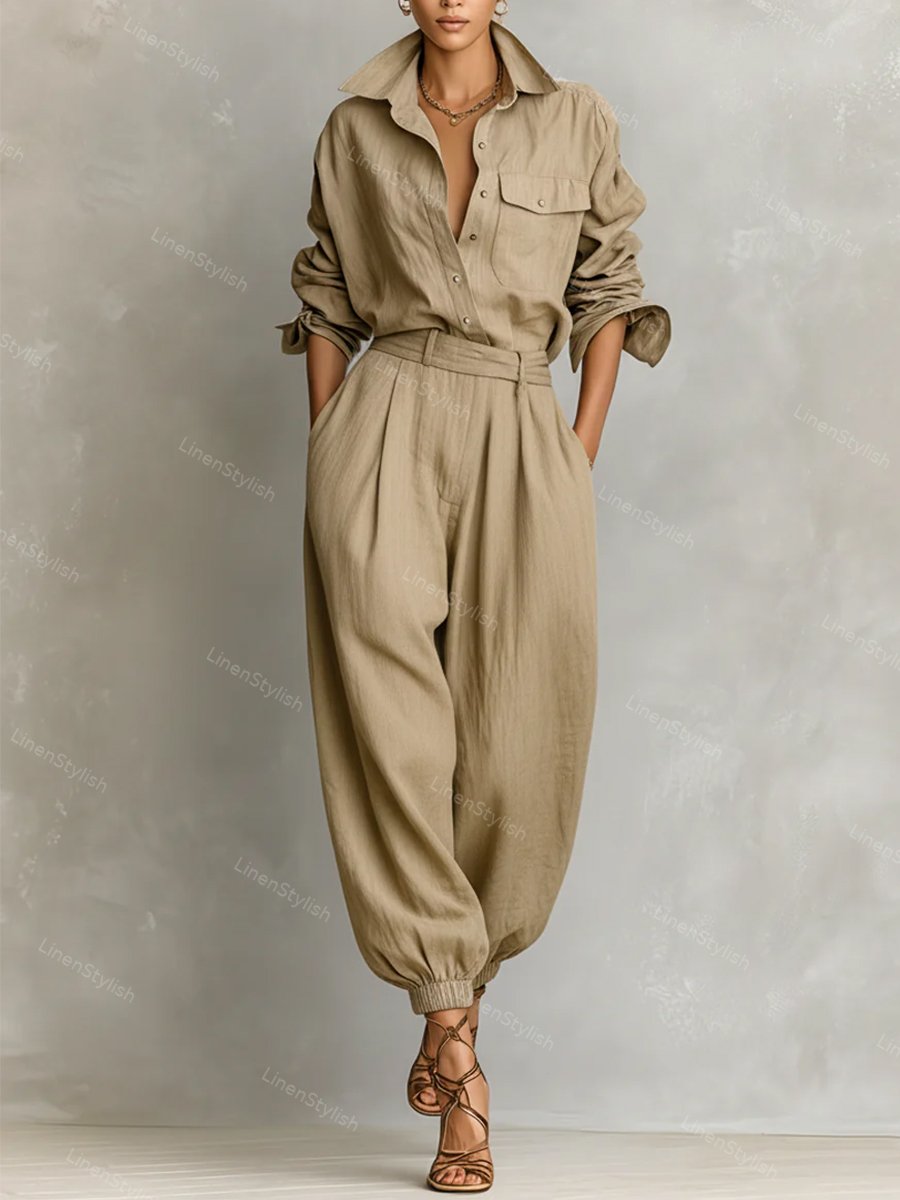 Fashion Cotton Linen Shirt & Pants Two-piece Set