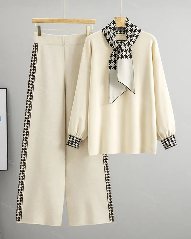 Knitted Three-piece Houndstooth Set