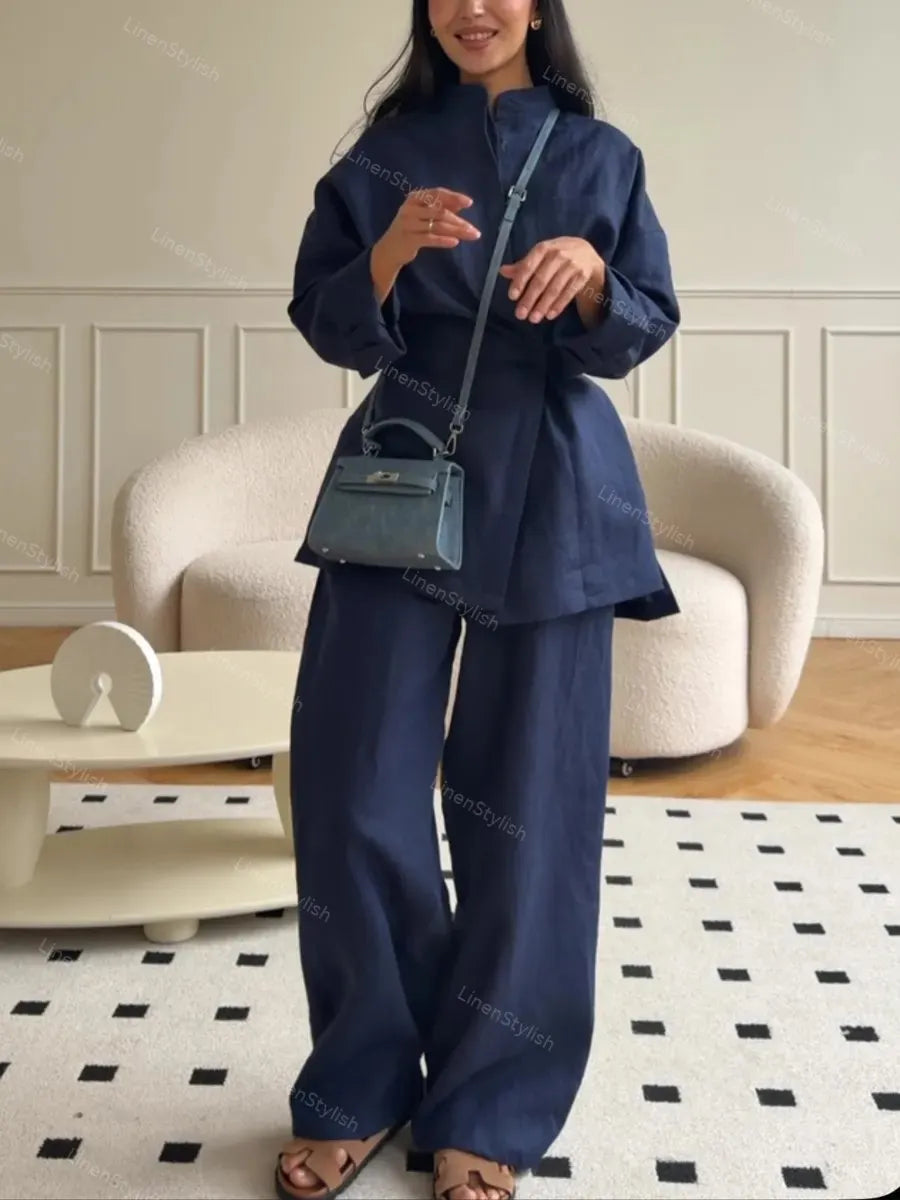 Casual Solid Color Shirt & Pants Two-piece Set