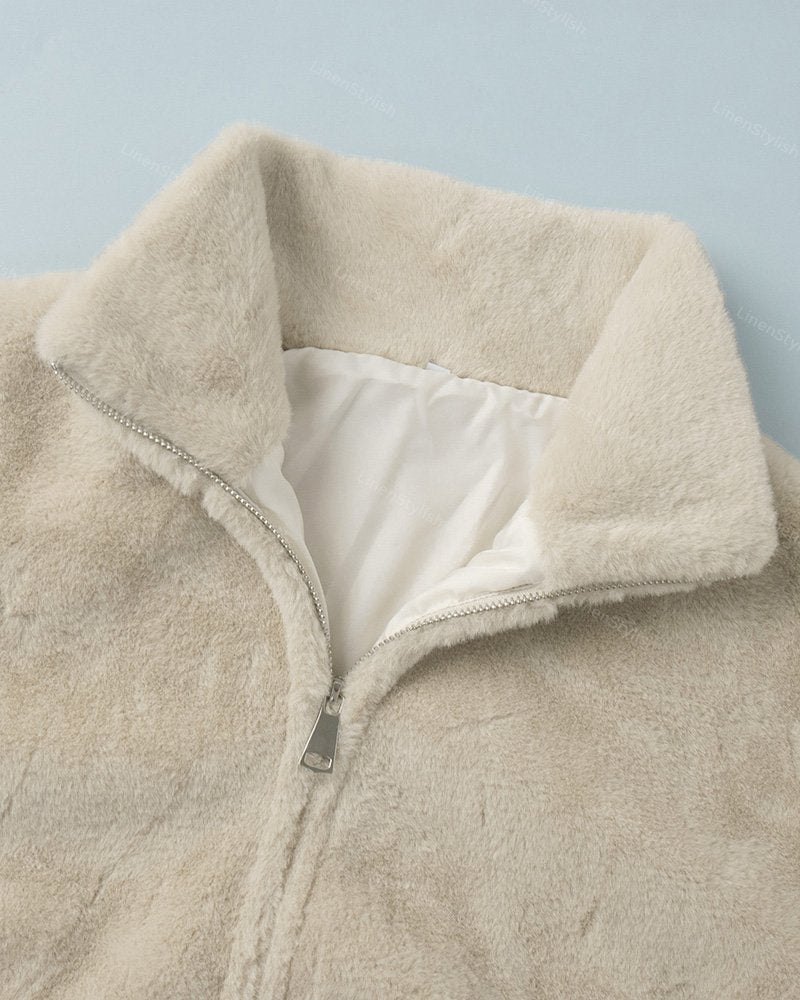 Vertical Collar Zipper Plush Short Jacket