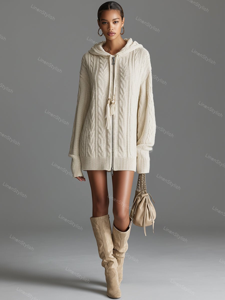 Knitted Hooded Zip-Up Cardigan Mini Dress