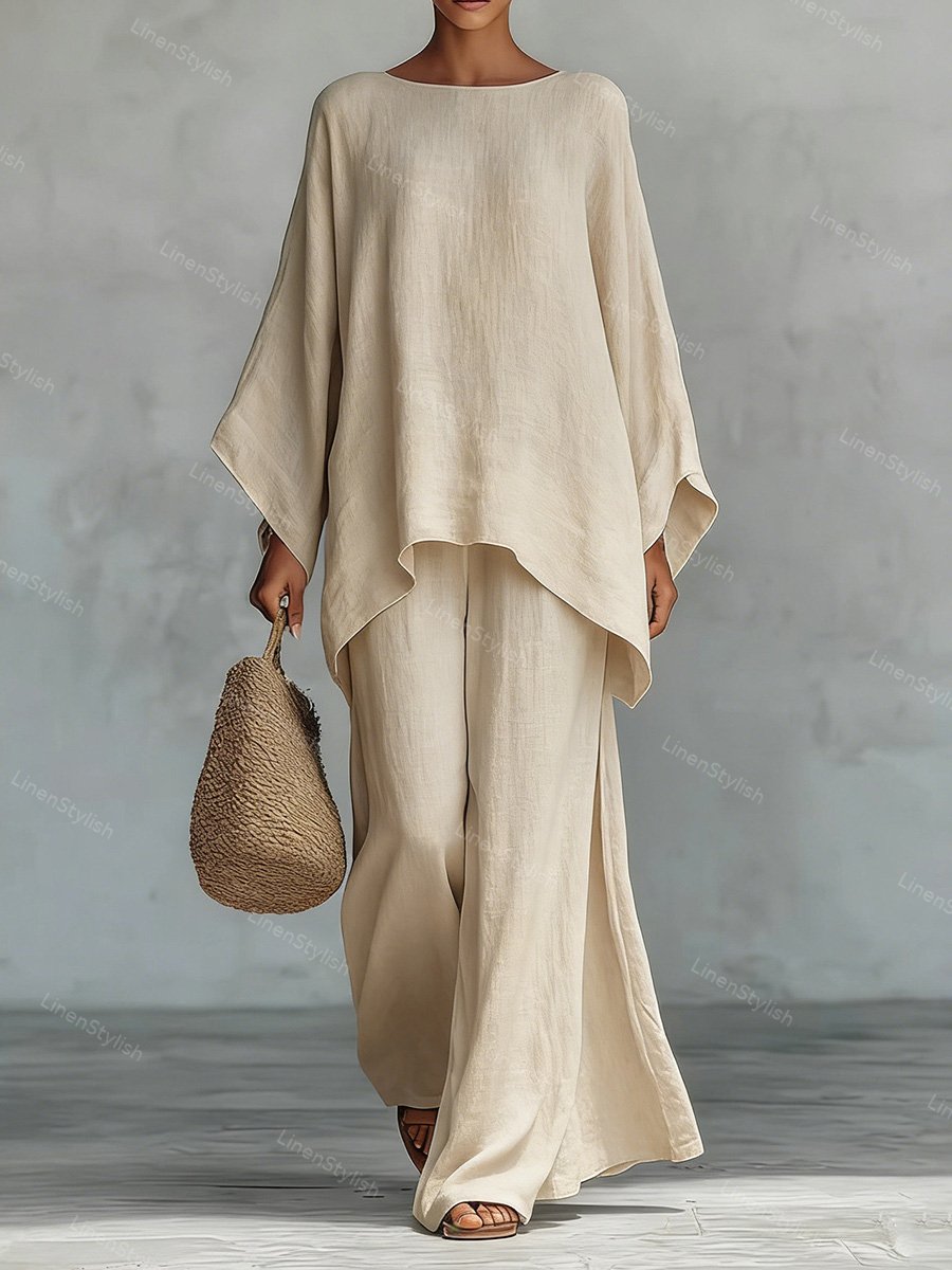 Loose Linen Shirt Wide Leg Pants Set