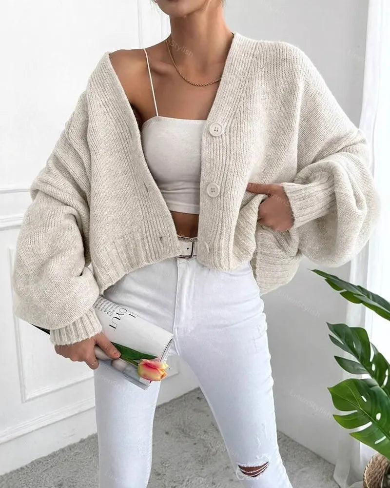 V-Neck Lantern Sleeve Sweater