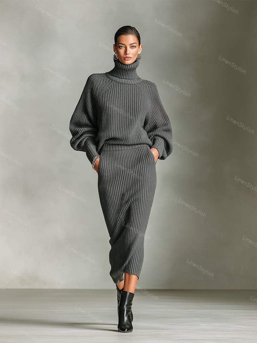 Simple Turtleneck Sweater Knitted Skirt Set