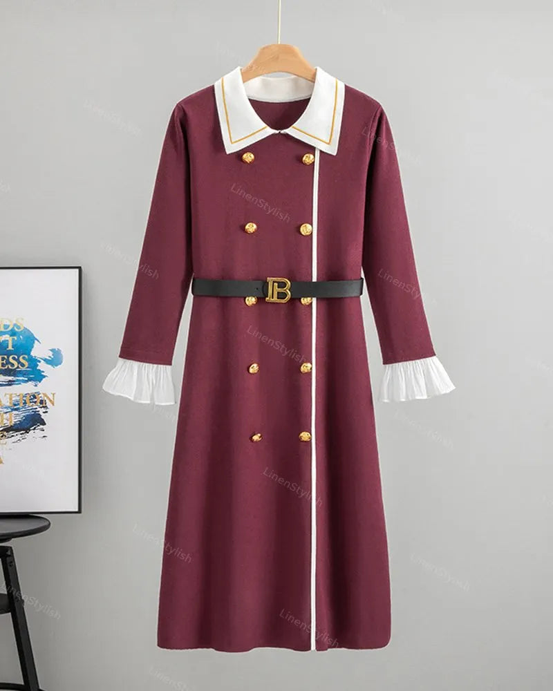Collar Patchwork Horn Sleeve Knitted Dress