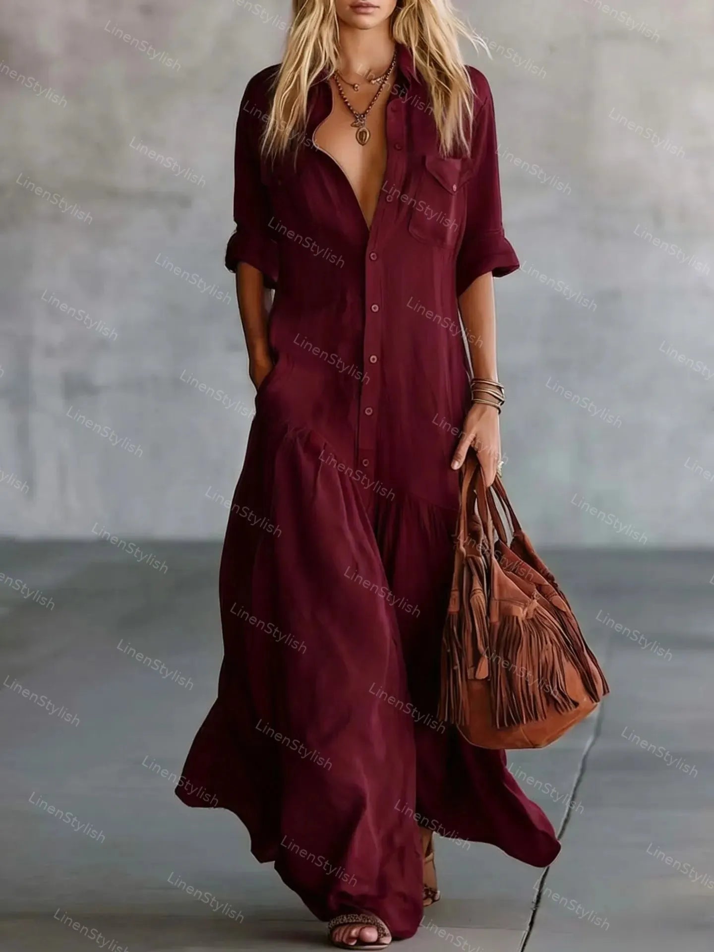 Solid Color Long Shirt Collar Twist Pocket Dress