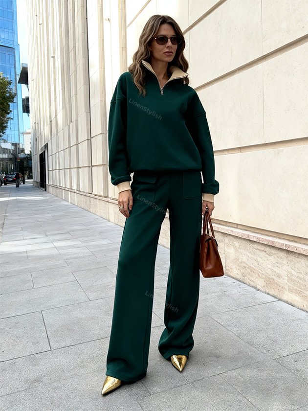 Vertical Collar Half-Zip Sweatshirt Pants Set