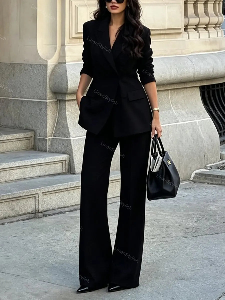 Fashionable And Elegant Tight Waist Double-breasted Blazer & Pants Two-piece Set