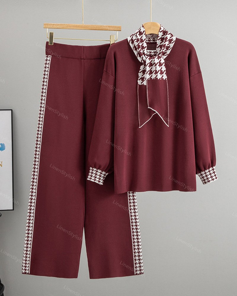 Knitted Three-piece Houndstooth Set