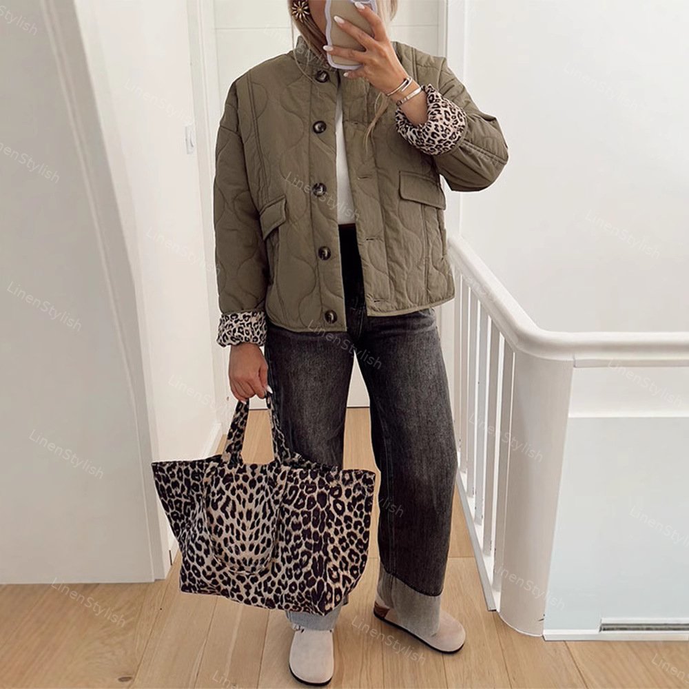 Quilted Buttons Leopard Print Coat