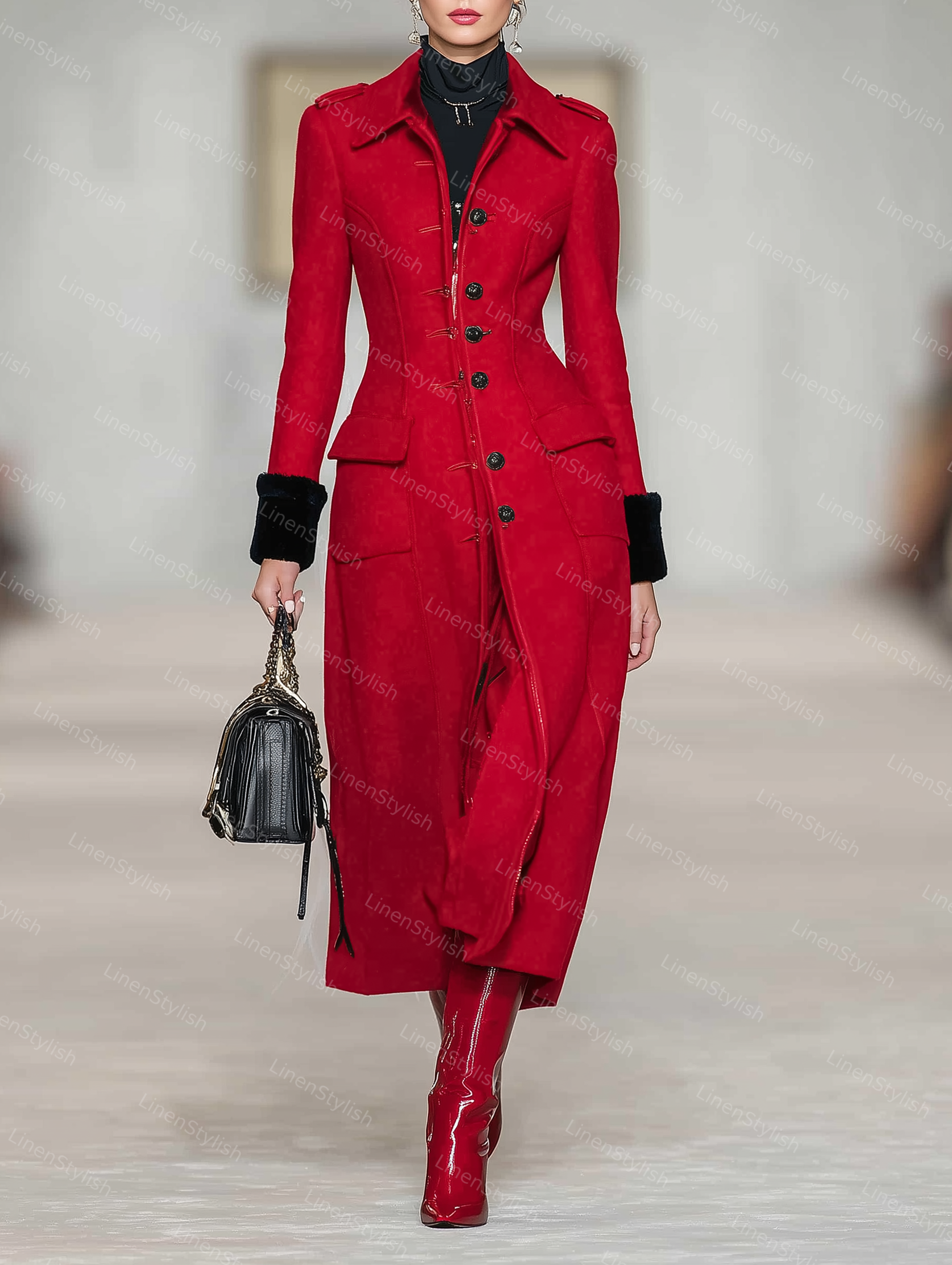 Red Long Coat With Single-breasted Pocket