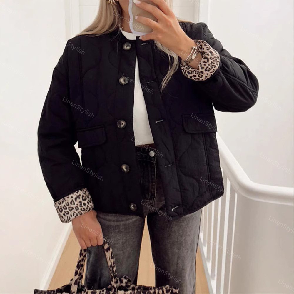 Quilted Buttons Leopard Print Coat