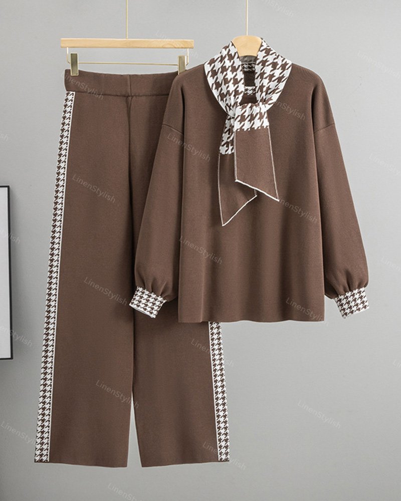 Knitted Three-piece Houndstooth Set
