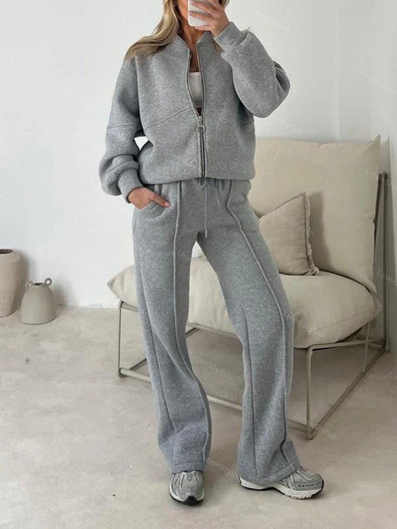 Solid Color Zipper Sweatshirt Jacket Trousers Set