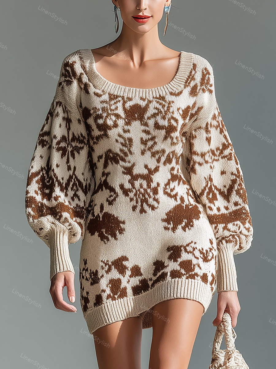 Brown Pattern Knit Mini Dress