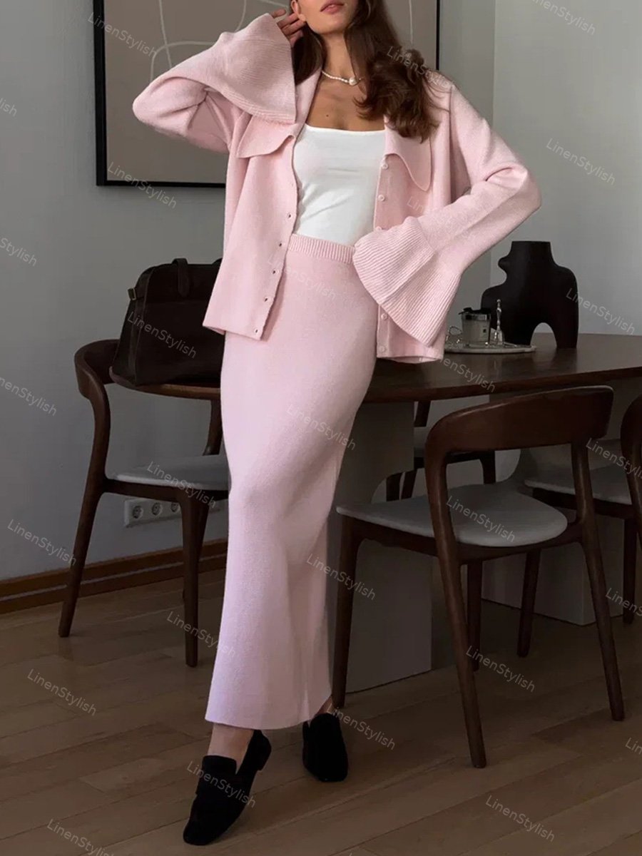 V-neck Knitted Cardigan Skirt Two-piece Set