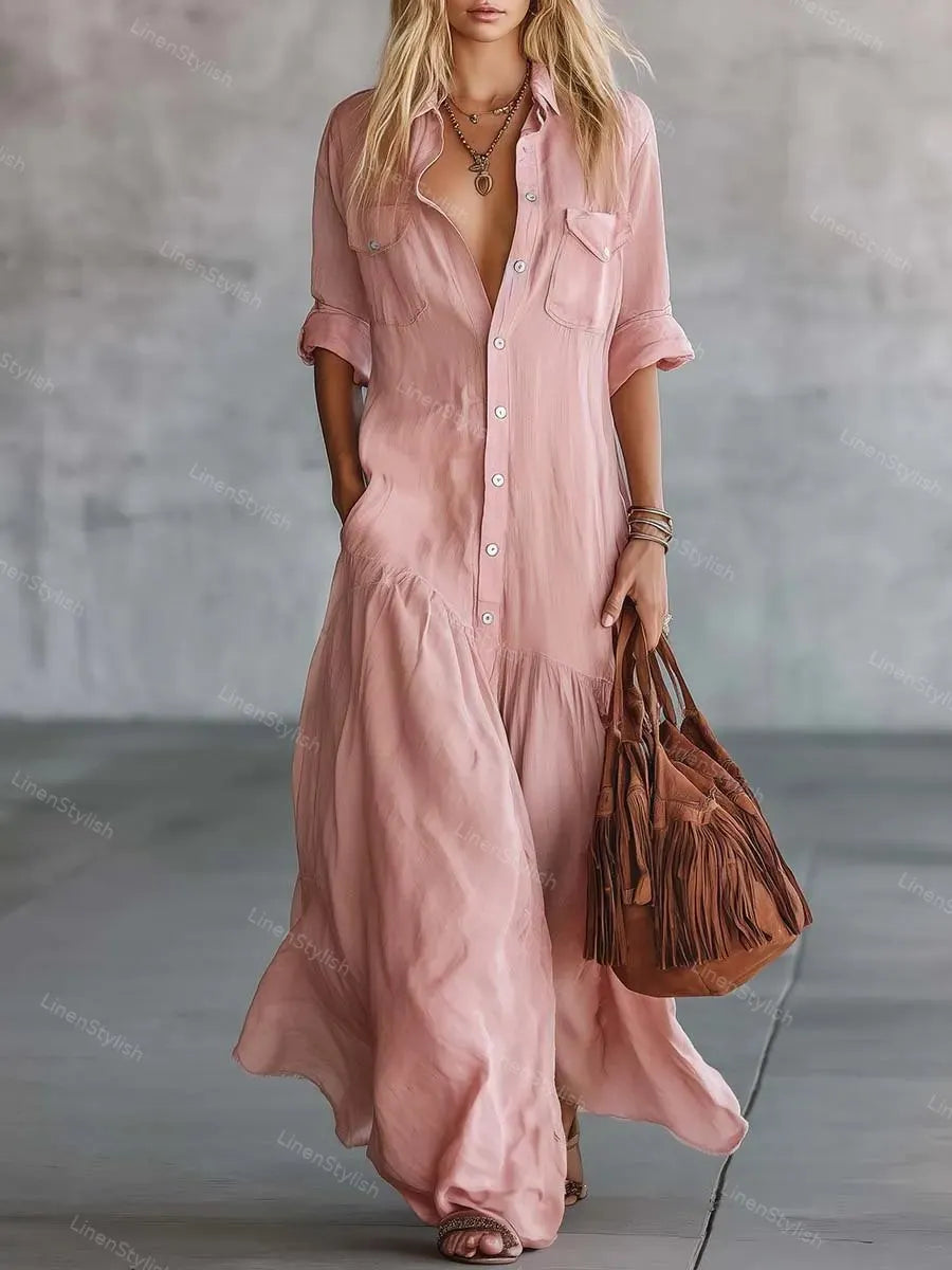 Solid Color Long Shirt Collar Twist Pocket Dress