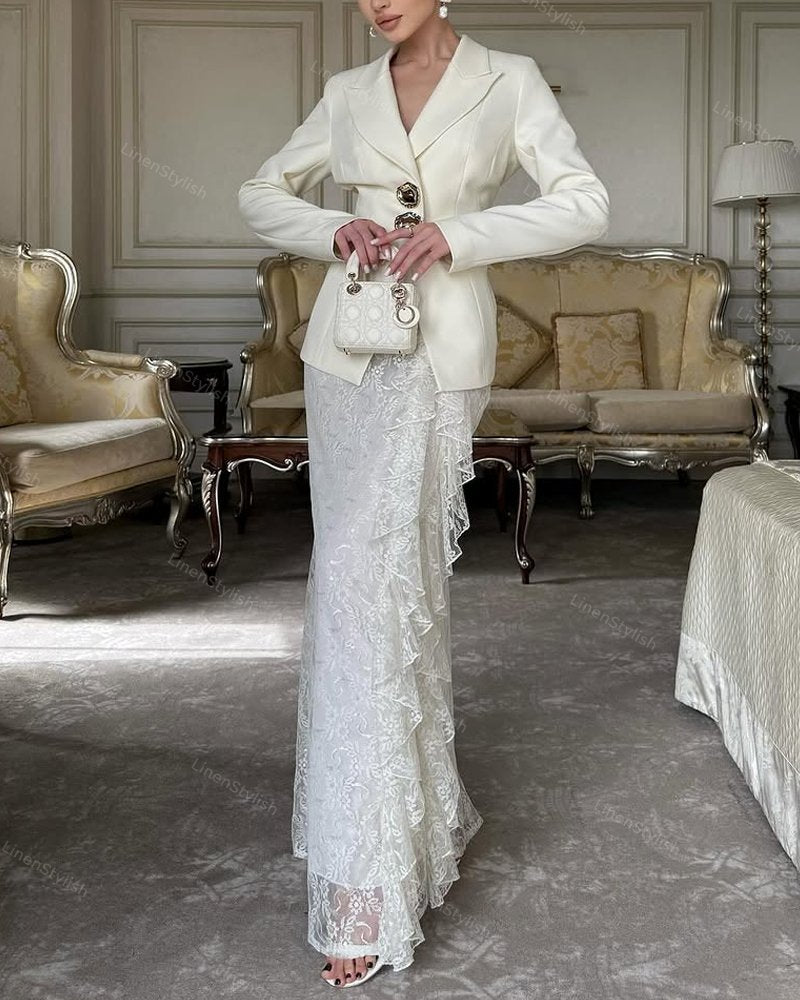 Fashion Blazer & Lace Overskirt Two-piece Set