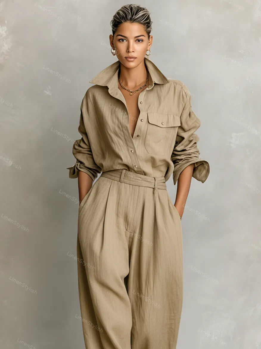 Fashion Cotton Linen Shirt & Pants Two-piece Set