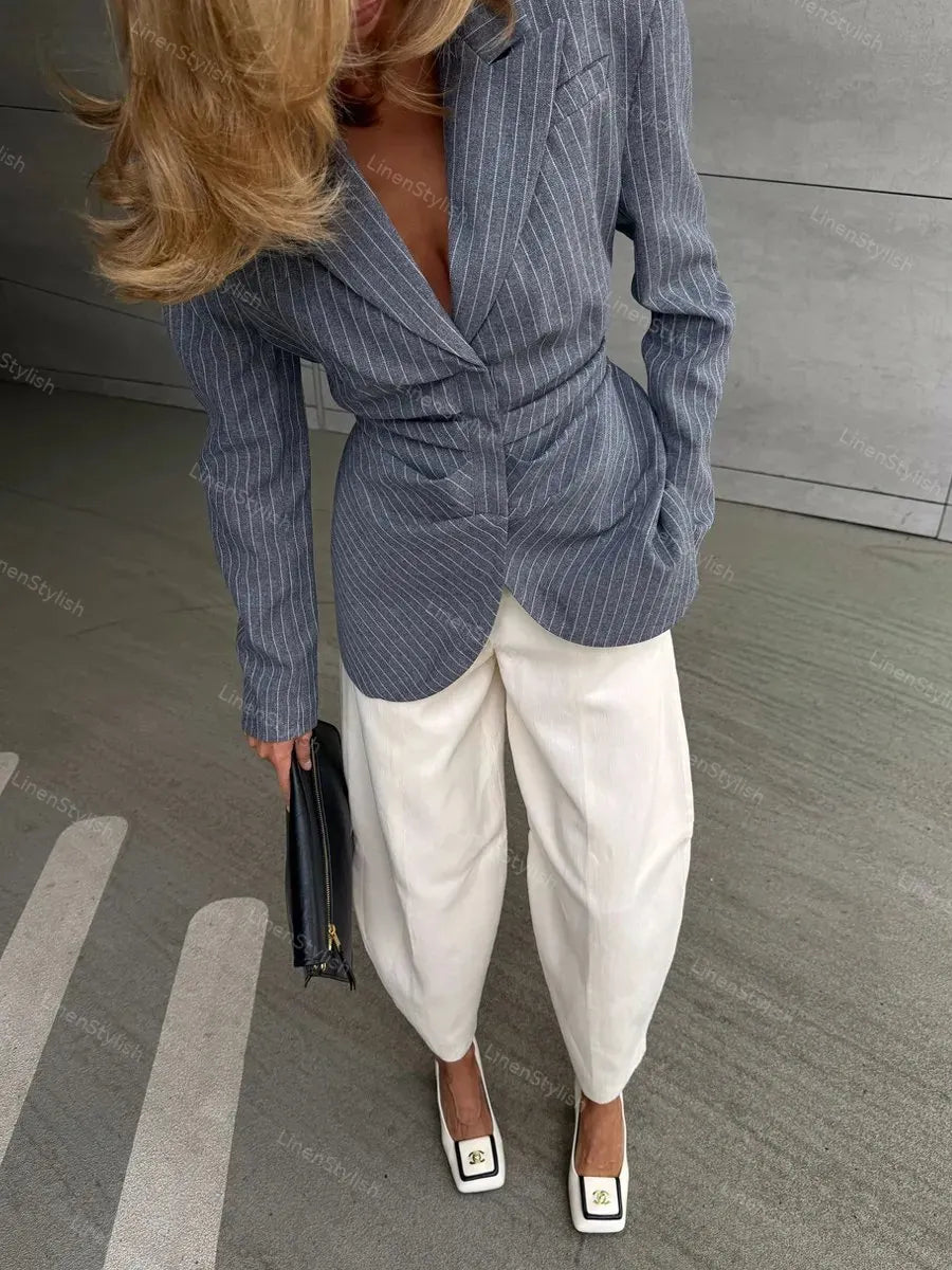 Fashion Striped Tassel Belt Blazer