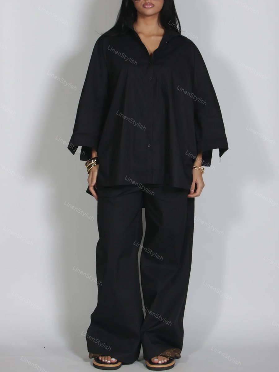 Casual Solid Color Loose Shirt & Pants Two-piece Set