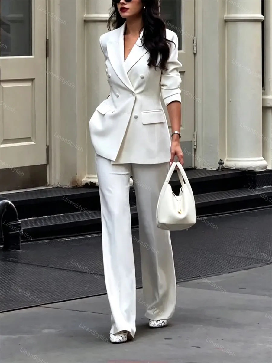 Fashionable And Elegant Tight Waist Double-breasted Blazer & Pants Two-piece Set