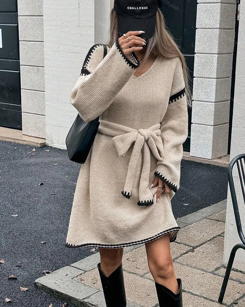 Strap V-neck Long Sleeve Knitted Dress
